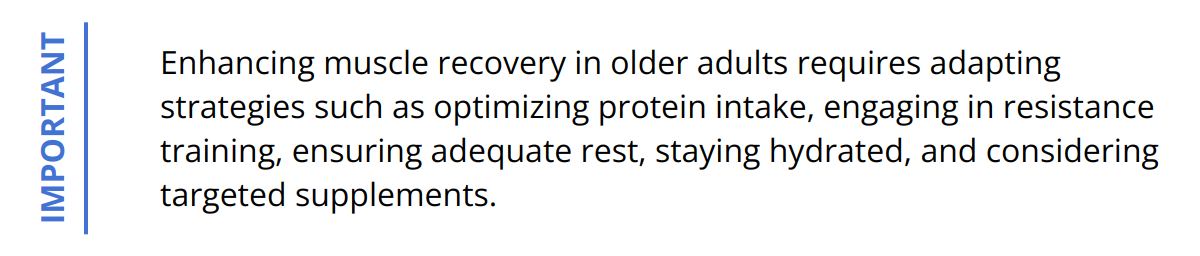 Important - Enhancing muscle recovery in older adults requires adapting strategies such as optimizing protein intake, engaging in resistance training, ensuring adequate rest, staying hydrated, and considering targeted supplements.