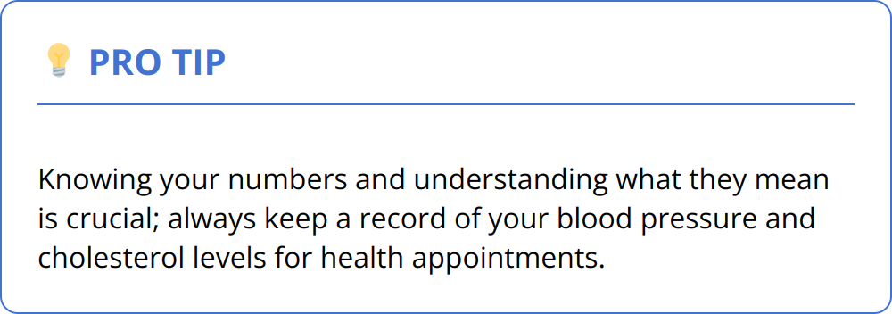 Pro Tip - Knowing your numbers and understanding what they mean is crucial; always keep a record of your blood pressure and cholesterol levels for health appointments.